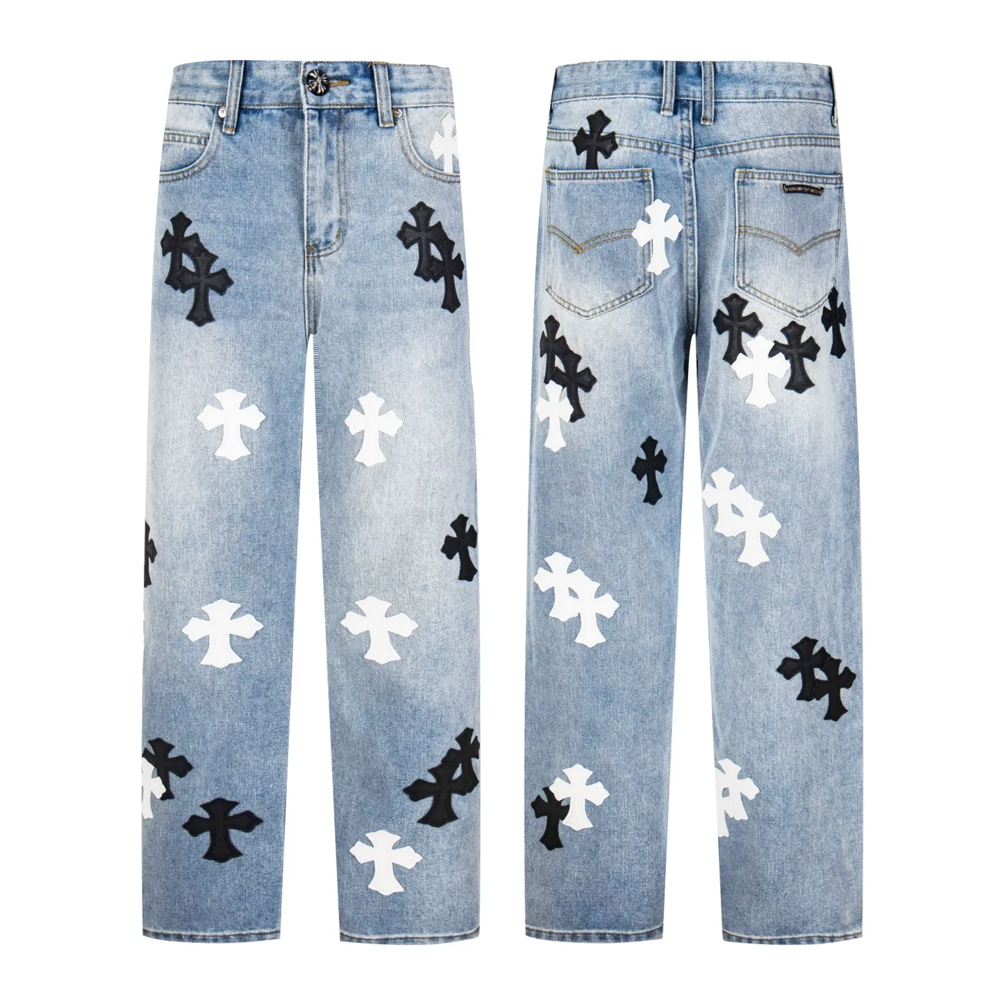 P240 Chrome Hearts light blue, black and white multi-quick leather couple jeans are a hot item this season and are sought after by countless celebrities and fashionistas. The neat details of the cutting process add color to the playful fashion! The neat and meticulous design, and the well-fitting structure is unique. The upper body not only has outstanding recognition, but also looks younger and younger. A style with the ultimate wearing meaning and performance, gorgeous color matching, and the craftsmanship of this style is also extremely extraordinary. After the finished product is washed, it is disassembled and hand-made with sheepskin cross leather and then spliced ​​together to complete. The whole piece has too many craftsmanship to describe. It is decorated with patchwork cross flowers and high-waisted washed jeans! ! Absolutely high-end luxury product, a god-level single product, a super popular product, made by top heavy industry, a magic weapon that cannot be missed. Style number: 1830# Size: 28 30 32 34 36 Color: light blue